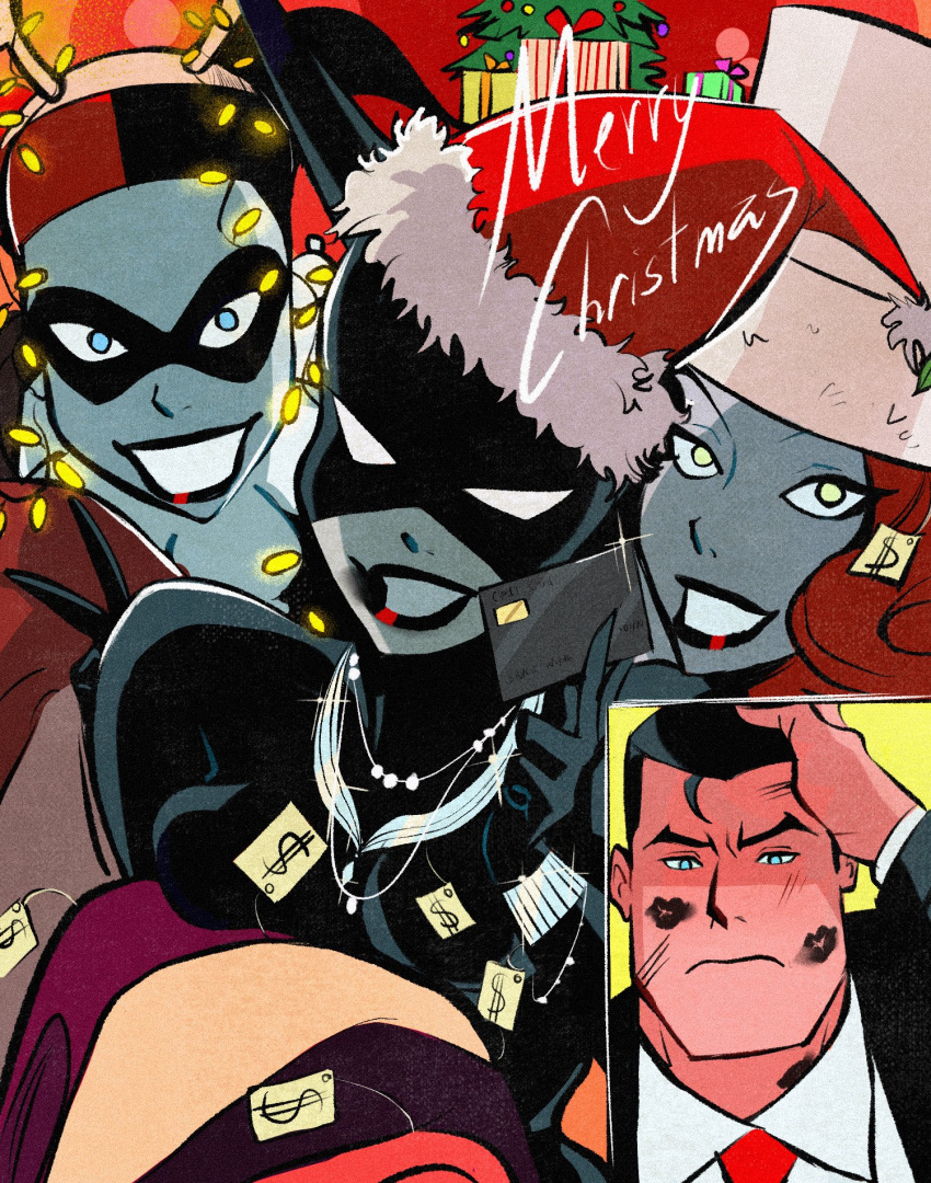 1boy, 3girls, after_kiss, batman_(series), bodysuit, bruce_wayne, catwoman, commentary