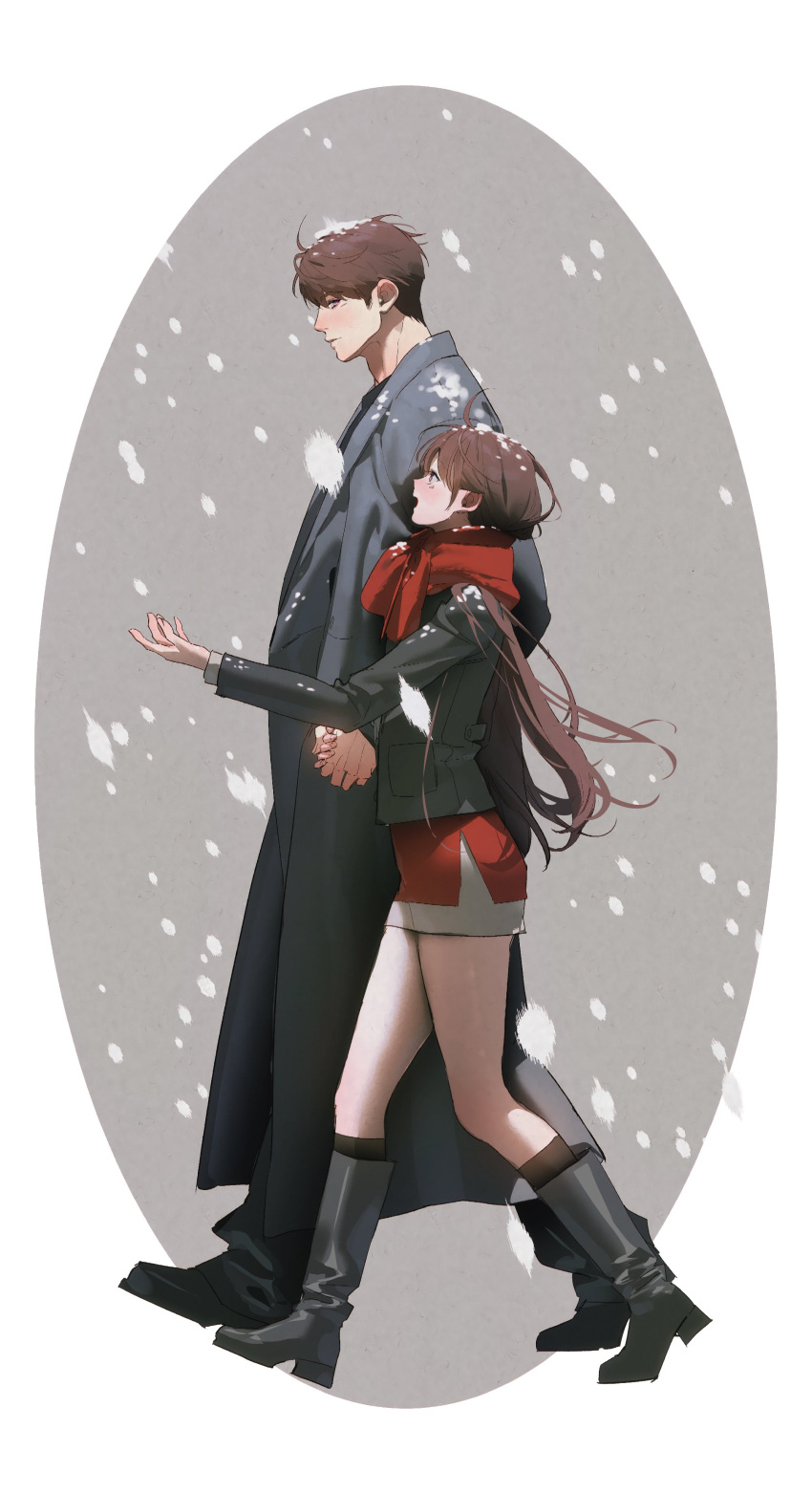 1boy, 1girl, absurdres, beyondthespace, black_boots, black_jacket, blush, boots