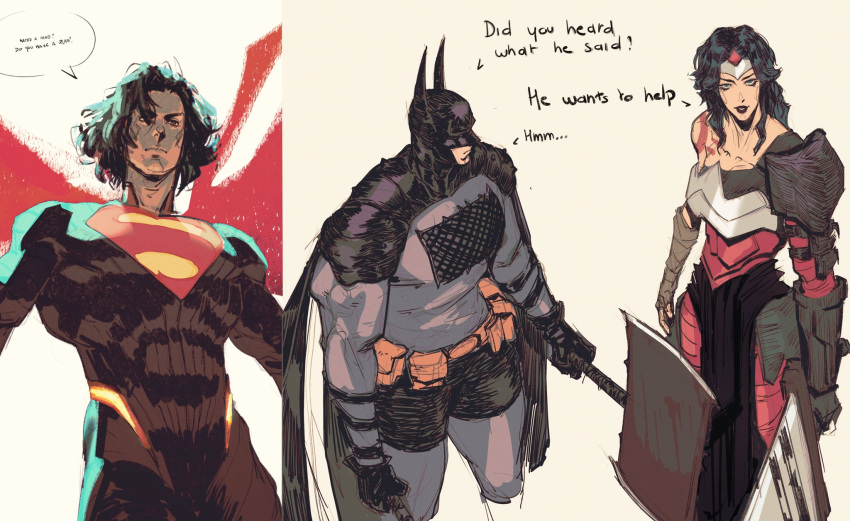 1girl, 2boys, absolute_batman, absolute_dc, absolute_superman, absolute_wonder_woman, back_spikes, bat_mask