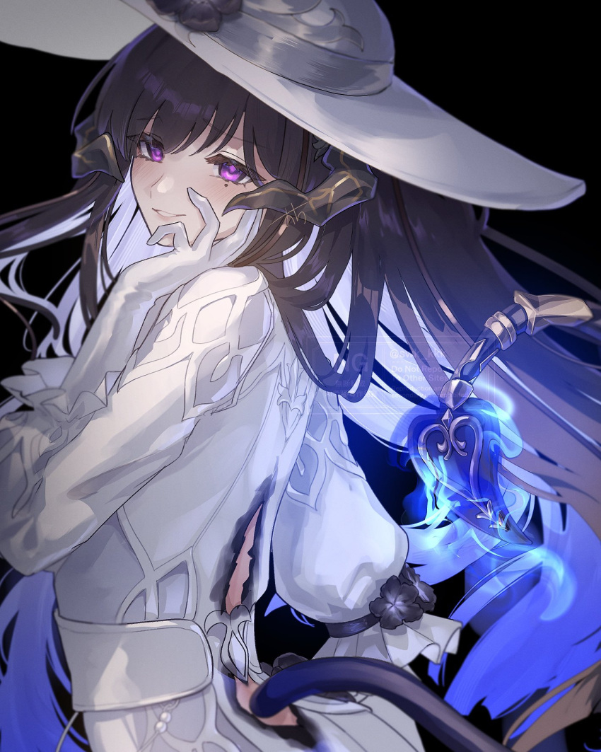 1girl, back_cutout, black_flower, black_hair, black_horns, blue_hair, clothing_cutout, demon_girl