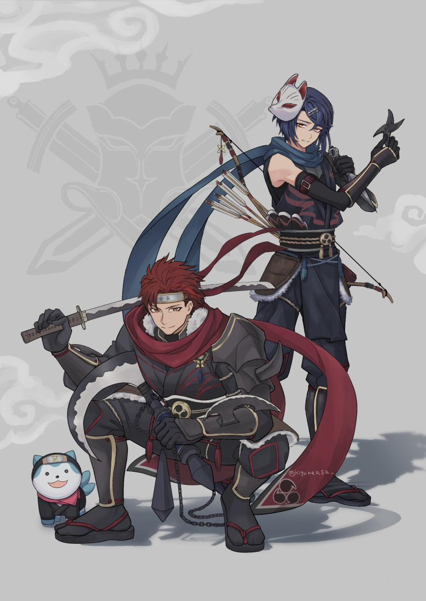 1other, 2boys, alcryst_(fire_emblem), alternate_costume, arm_blade, armor, blue_hair, commentary_request