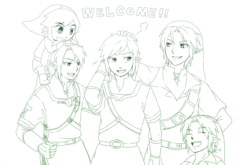 baldric, belt, bracer, chainmail, earrings, fingerless_gloves, gloves, hand_on_head, hat, jewelry, link, male, monochrome, multiple_persona, nintendo, ocarina_of_time, pointy_ears, saiba_(henrietta), short_hair, skyward_sword, smile, the_legend_of_zelda, toon_link, twilight_princess, vambrace, vambraces, wind_waker