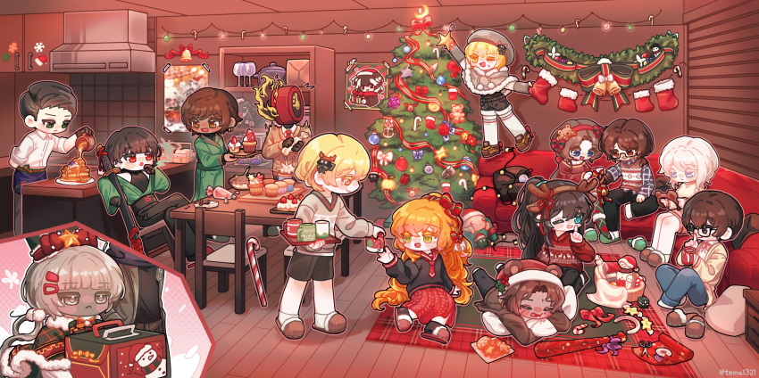 1other, 6+boys, absurdres, animal_ear_hairband, animal_ears, antlers, apron, aqua_eyes