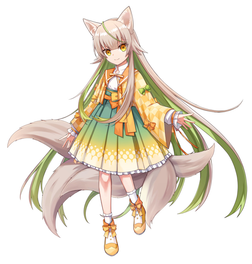 1girl, ahoge, animal_ears, colored_inner_hair, commentary_request, fox_ears, fox_girl, fox_tail, full_body, green_hair, grey_hair, high-waist_skirt, highres, indie_virtual_youtuber, jacket, kitsune, long_hair, medium_skirt, multicolored_hair, multiple_tails, orange_eyes, orange_jacket, orange_sailor_collar, orange_shoes, pleated_skirt, sailor_collar, samon_shana, samon_shana_(vtuber), shoes, skirt, smile, socks, solo, tail, two-tone_hair, very_long_hair, white_socks, wide_sleeves