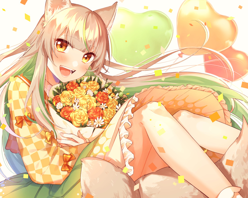 1girl, absurdres, animal_ears, balloon, blonde_hair, bouquet, breasts, checkered_clothes