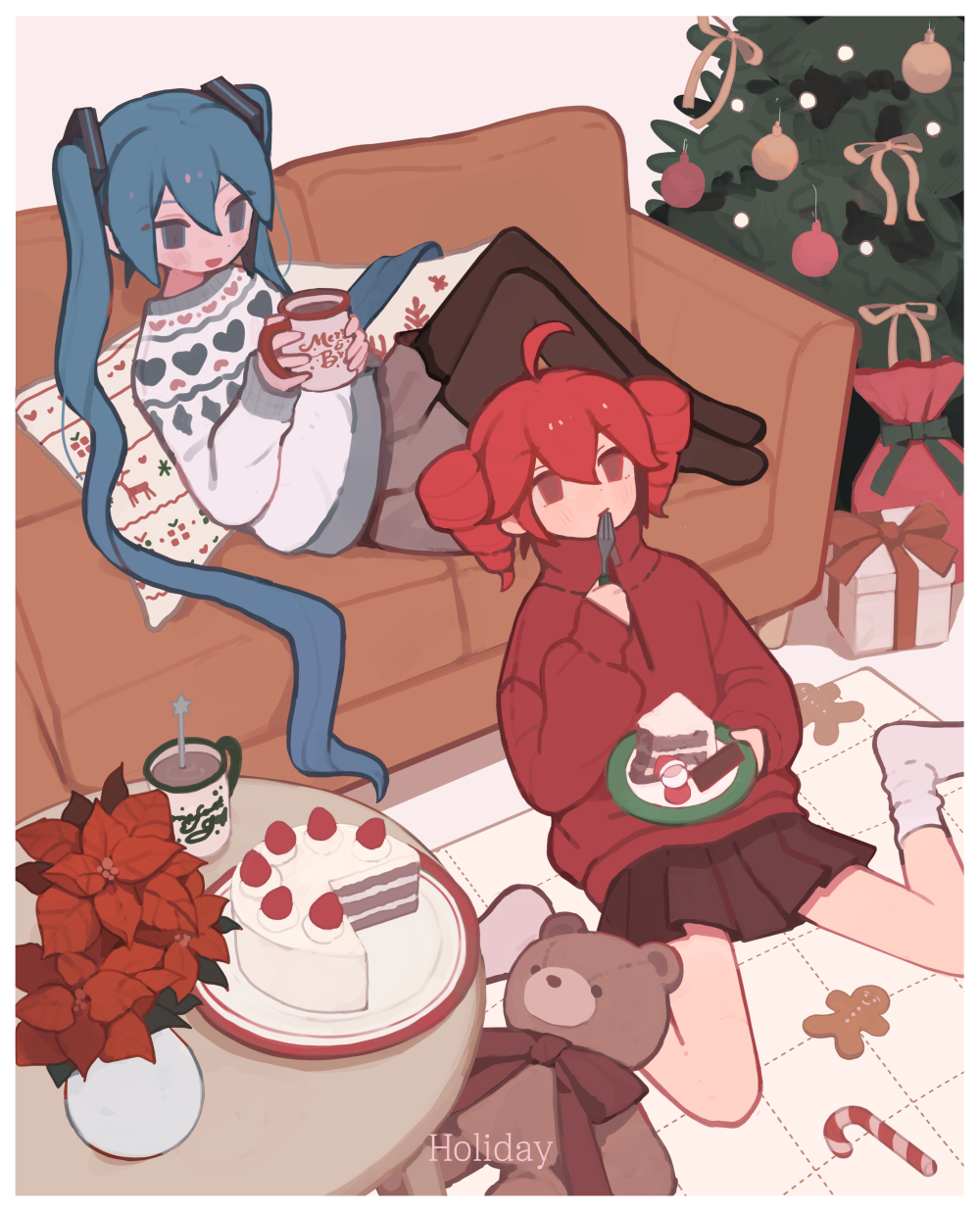 2girls, ahoge, alternate_costume, black_pantyhose, blue_hair, cake, cake_slice, candy, candy_cane, christmas, christmas_cake, christmas_tree, couch, cup, drill_hair, eating, flower, food, gift, gingerbread_man, grey_skirt, hatsune_miku, highres, holding, holding_cup, kasane_teto, long_hair, long_sleeves, miniskirt, mug, multiple_girls, no_shoes, on_couch, on_floor, pantyhose, pleated_skirt, red_flower, red_hair, red_sweater, s1ho_(ukiy0u0), sitting, skirt, socks, stuffed_animal, stuffed_toy, sweater, teddy_bear, turtleneck, twin_drills, twintails, utau, very_long_hair, vocaloid, wariza, white_socks, white_sweater