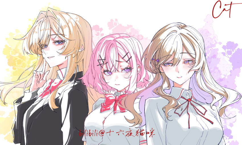 3girls, absurdres, amaori_renako, black_jacket, blonde_hair, blue_eyes, blush, bow
