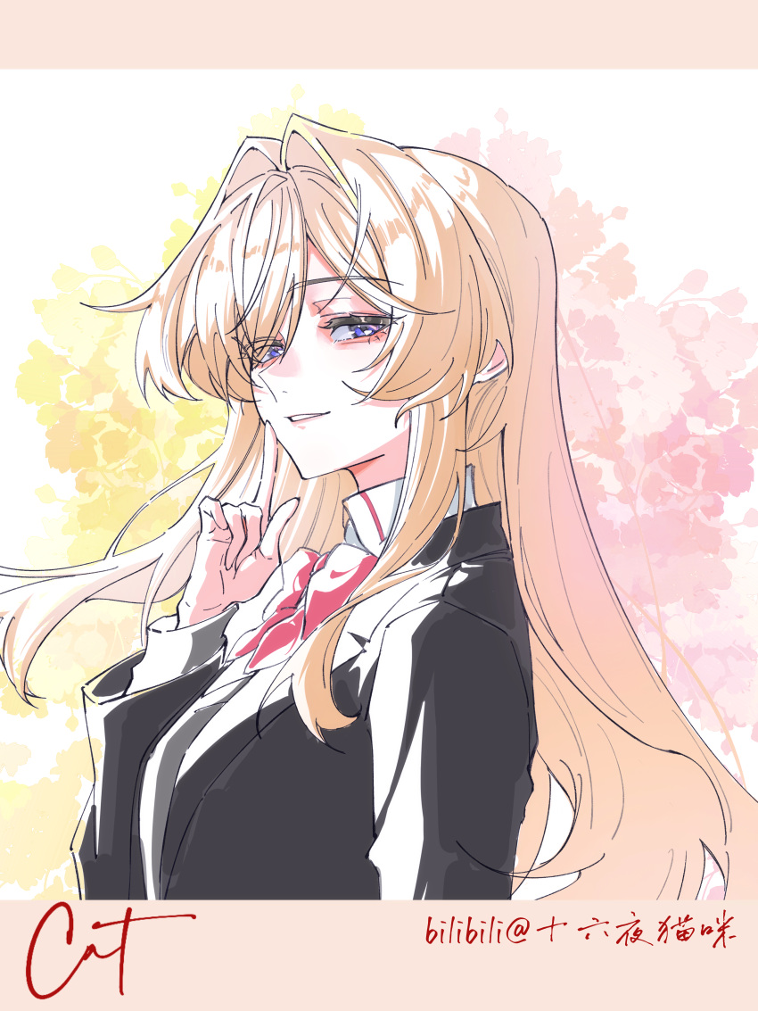1girl, absurdres, black_jacket, blonde_hair, blue_eyes, bow, bowtie, chinese_commentary