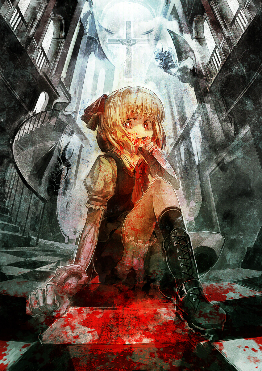 blonde_hair, blood, boots, checkered, checkered_floor, cross, cross-laced_footwear, evil