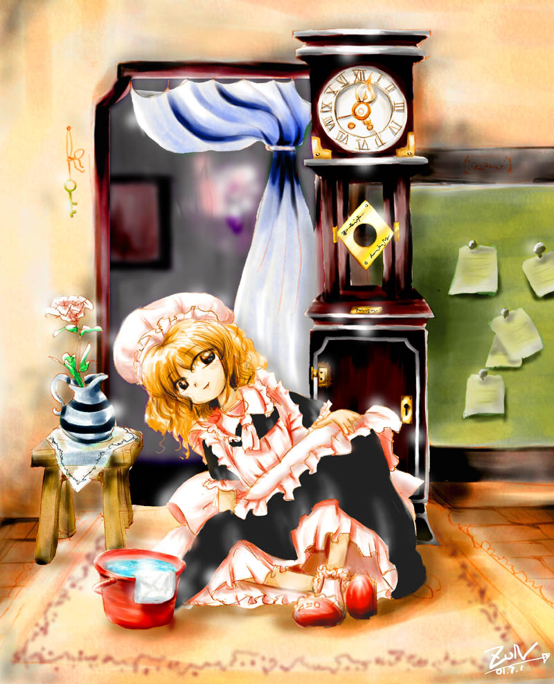 bucket, carpet, clock, curtains, dress, flower, grandfather_clock, key, maid, no_hat, no_headwear, notes, oota_jun'ya, oota_jun'ya, original, painting, rug, shoes, short_hair, smile, socks, solo, stool, touhou, vase, witch