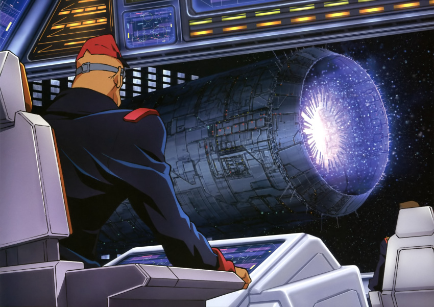 2boys, artist_request, bask_om, battle, beam_cannon, chair, energy, glowing, goggles, gryps, gundam, gundam_perfect_file, hat, highres, machinery, magazine_scan, military_hat, military_rank_insignia, military_uniform, monitor, multiple_boys, o'neill_cylinder, realistic, red_hat, scan, scene_reference, science_fiction, sitting, space, space_habitat, spacecraft_interior, titans_(gundam), traditional_media, window, zeta_gundam