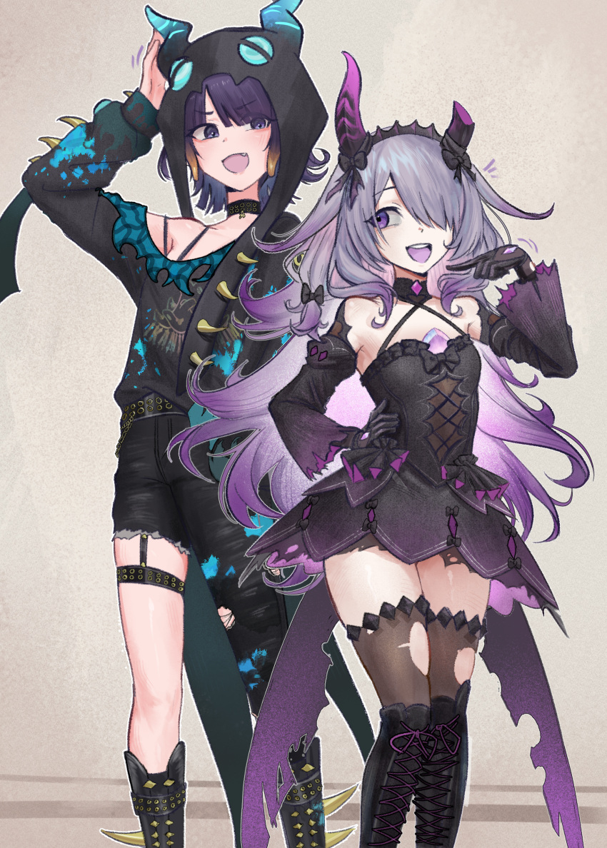 2girls, :d, absurdres, asymmetrical_clothes, belt, black_choker, black_dress, black_gloves