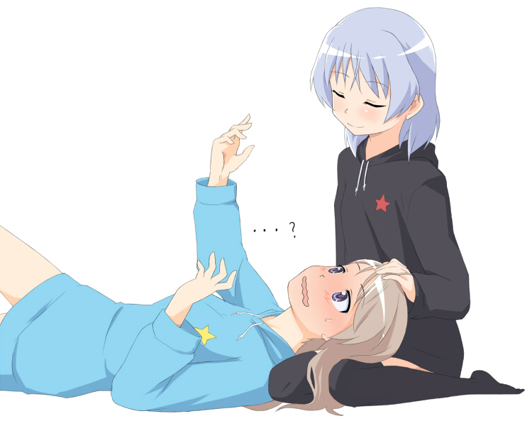black_legwear, blonde_hair, blush, casual, closed_eyes, eila_ilmatar_juutilainen, eyes_closed, hand_on_head