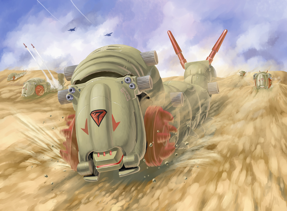 armor, caterpillar, dust, emblem, mecha, missile, molga, nagase_mizuchi
