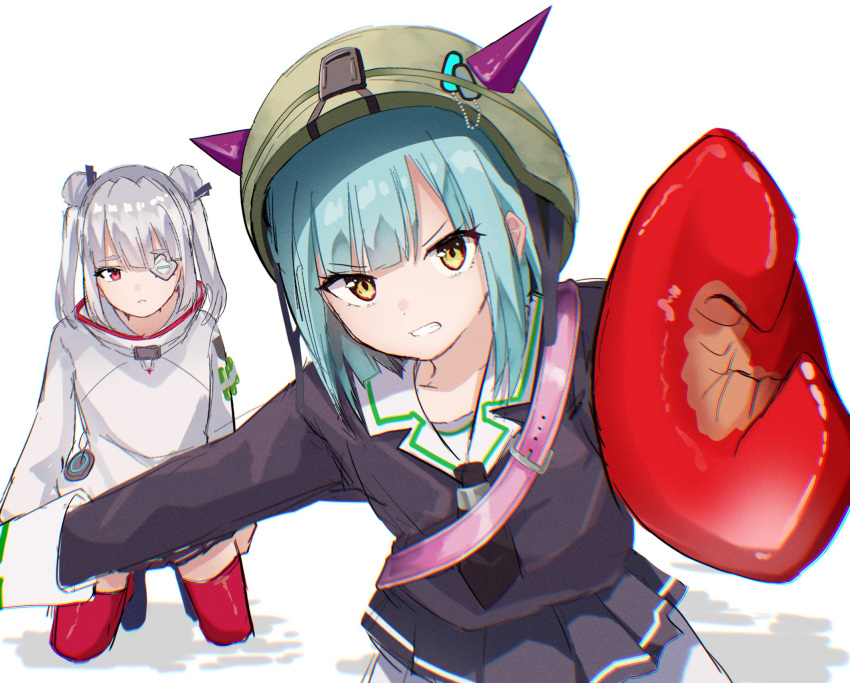 2girls, black_necktie, black_shirt, black_skirt, blue_hair, blunt_bangs, bungo_yayoi, clenched_teeth, commentary_request, cowboy_shot, crab_claw, double_bun, eyepatch, fake_horns, fake_pincers, fighting_stance, film_grain, full_body, hair_bun, heaven_burns_red, helmet, highres, horned_helmet, horns, kneeling, looking_at_viewer, medium_hair, miniskirt, multiple_girls, necktie, one_eye_covered, pleated_skirt, red_eyes, red_thighhighs, rrtp, shirt, short_necktie, simple_background, sketch, skirt, teeth, thick_eyebrows, thigh-highs, twintails, v-shaped_eyebrows, white_background, white_hair, white_shirt, yamawaki_bon_ivar, yellow_eyes, zettai_ryouiki
