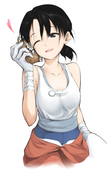 bad_id, bare_shoulders, black_eyes, black_hair, chell, food, glados, gloves