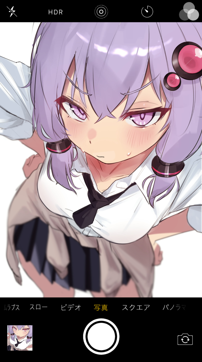 1girl, absurdres, aiueottoman, blurry, breasts, commentary, depth_of_field, fake_phone_screenshot, fake_screenshot, hair_between_eyes, hair_ornament, hands_on_own_hips, highres, hoodie_around_waist, light_blush, looking_at_viewer, medium_breasts, phone, purple_hair, shirt, short_hair_with_long_locks, skirt, solo, sweat, sweatdrop, taking_picture, tsundere, tsurime, v-shaped_eyebrows, violet_eyes, vocaloid, white_background, white_shirt, yuzuki_yukari