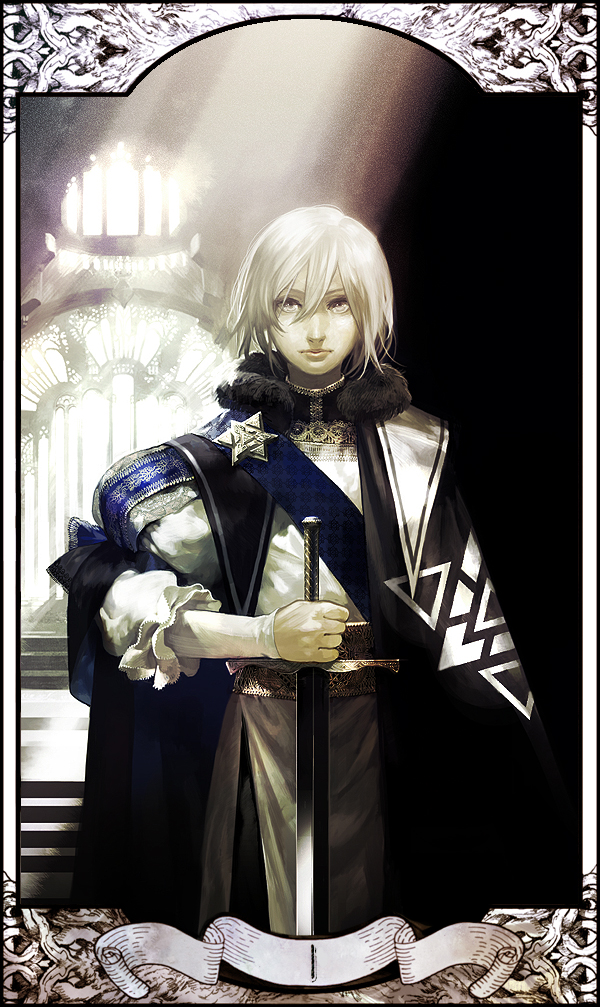 cape, emanuel_(pixiv_fantasia), frills, male, original, pale_skin, pixiv_fantasia, pixiv_fantasia_5, sash, sato_(vintage), solo, sword, tarot, uniform, weapon, white_hair