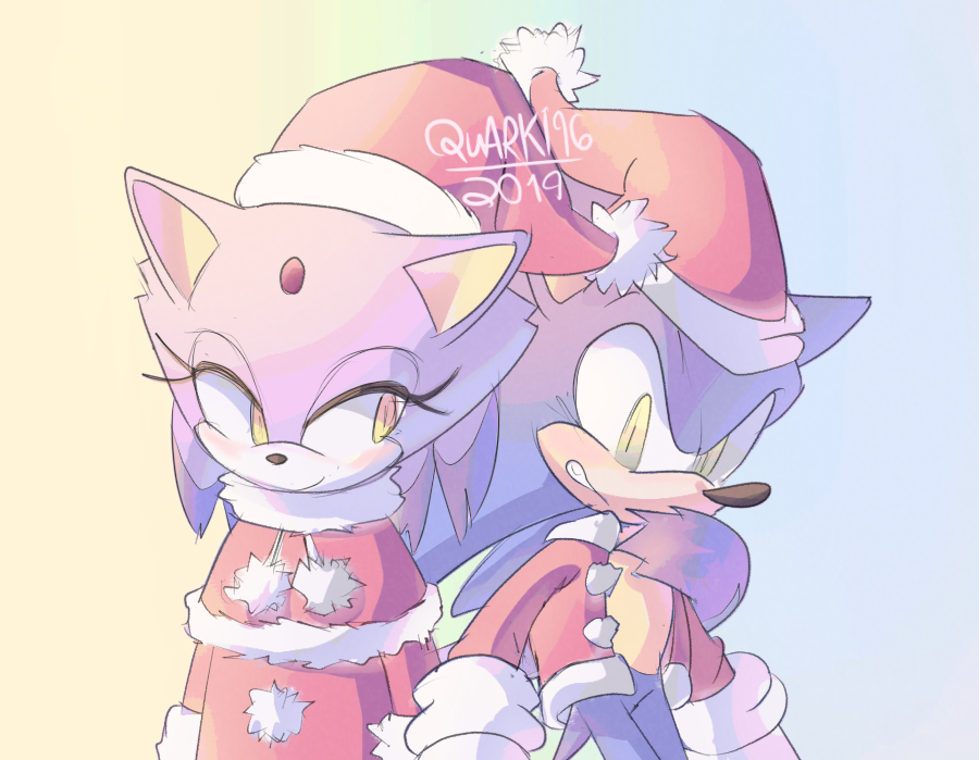 1boy, 1girl, 2019, blaze_the_cat, blush, christmas, clenched_teeth, dated