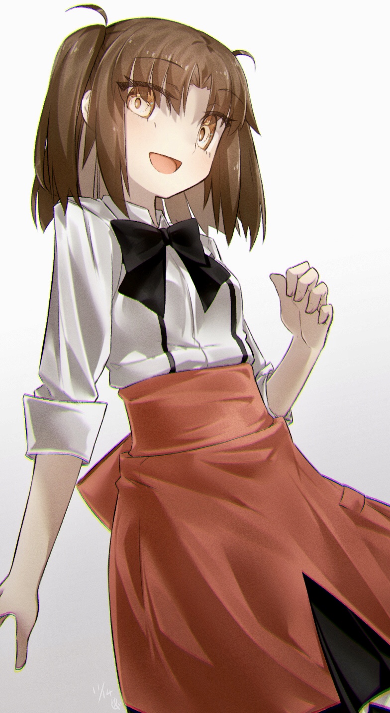 1girl, blush, bow, bowtie, breasts, brown_eyes, brown_hair, collared_shirt, highres, long_sleeves, looking_at_viewer, open_mouth, orange_skirt, parted_bangs, shirt, short_hair, skirt, small_breasts, smile, solo, tsukihime, twintails, two_side_up, white_shirt, yubeshi_(zecxl), yumizuka_satsuki