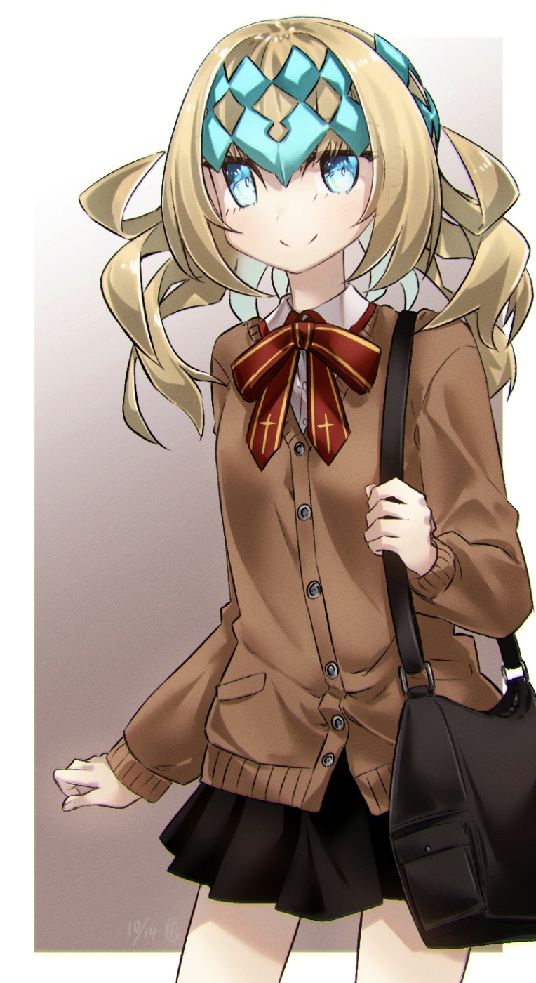 1girl, black_skirt, blonde_hair, blue_eyes, breasts, brown_sweater, collared_shirt, commentary_request