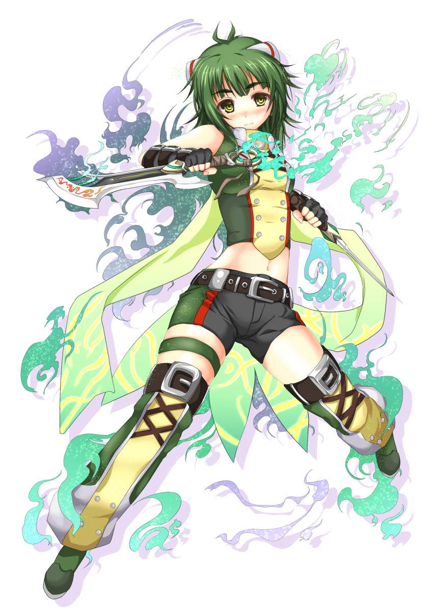 belt, blush, cat_ears, dagger, dual_wielding, fingerless_gloves, gloves, green_eyes