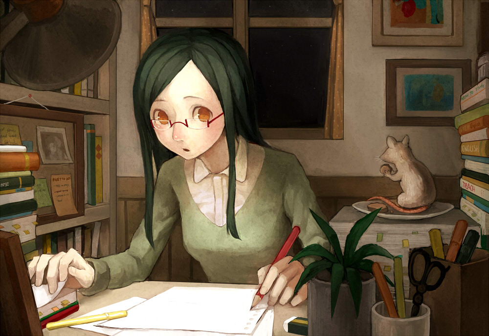 brown_eyes, desk, face, food, glasses, green_hair, hands, lamp