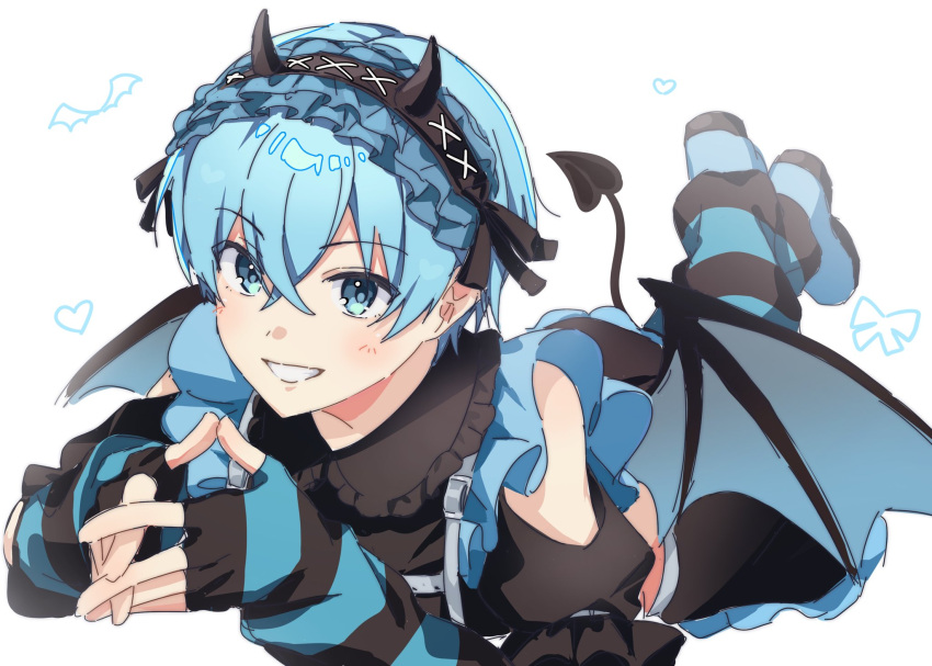 1boy, 9_v4ni, blue_eyes, blue_hair, clothing_cutout, colon_(stpri), demon_tail, demon_wings