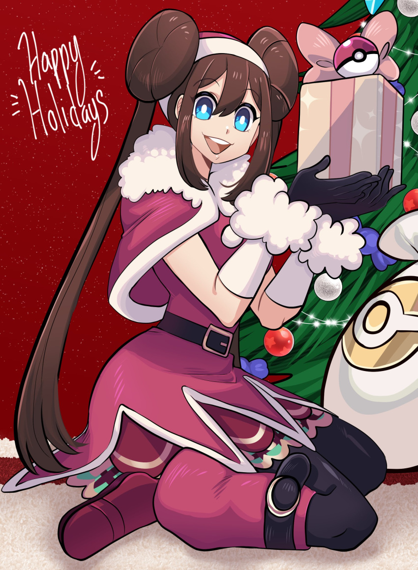 absurdres, black_pantyhose, blue_eyes, box, brown_hair, capelet, christmas, christmas_tree