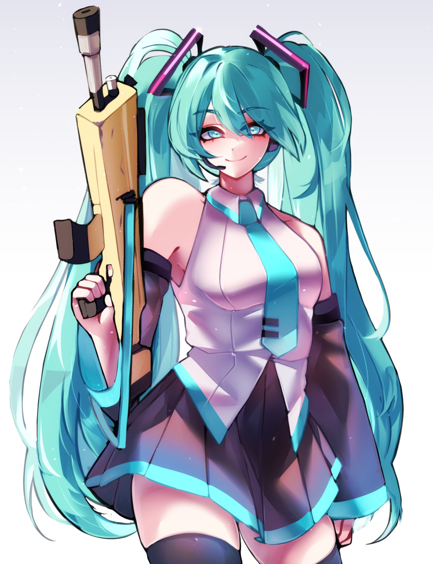 1girl, absurdres, aqua_eyes, aqua_hair, aqua_necktie, black_thighhighs, collar, cropped_legs