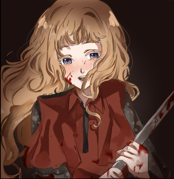 1girl, blood, blood_on_face, commentary, dress, english_commentary, eyelashes, gnosia, hair_between_eyes, knife, kukrushka_(gnosia), long_hair, long_sleeves, looking_at_viewer, simple_background, smile, solo, upper_body, user_etjm8884, wavy_hair