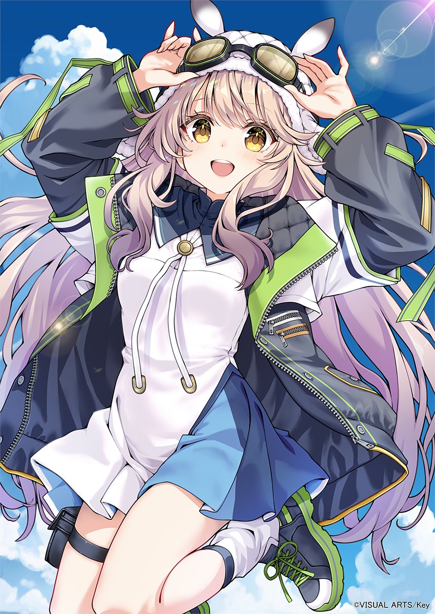 1girl, anemoi, aviator_cap, black_collar, black_jacket, black_shoes, blue_skirt, blue_sky