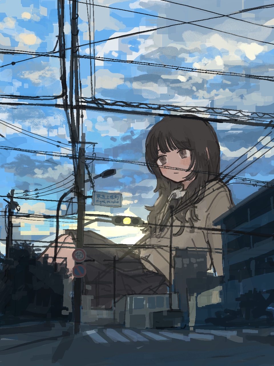 1girl, 62_retas, black_eyes, black_hair, blue_sky, clouds, day, giant