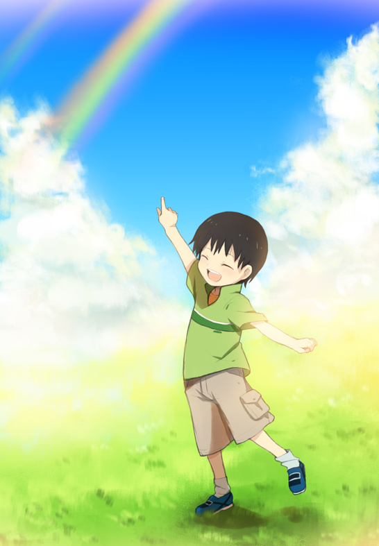 caterpillar_(artist), child, cloud, clouds, double_rainbow, happy, male, onozawa_yuuki