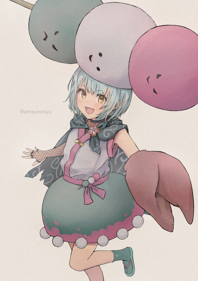 1girl, :d, amayomiyu, blue_hair, bungo_yayoi, commentary, crab_claw, dango