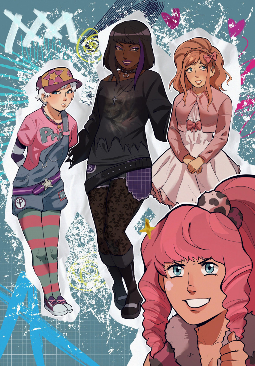 alice_(kyokugen_dasshutsu), alternate_costume, alternate_hair_color, alternate_hairstyle, ankh_necklace, aqua_eyes, baseball_cap, bead_necklace, beads, belt, black_boots, black_choker, black_eyes, black_hair, black_shirt, black_shorts, blue_overalls, blunt_bangs, blush, boots, bow, character_name, choker, clothes_writing, collarbone, commentary, dark-skinned_female, dark_skin, denim, denim_overalls, dress, drill_hair, english_commentary, eyelashes, eyeshadow, facial_mark, fashion, gift_art, gyaru, hair_bow, hair_ornament, hat, highres, jacket, jewelry, krisdice39, kyokugen_dasshutsu, kyokugen_dasshutsu_adv:_zennin_shibou_desu, lips, lipstick, long_hair, long_sleeves, luna_(kyokugen_dasshutsu), makeup, medium_hair, multicolored_hair, multicolored_thighhighs, necklace, orange_hair, outline, overalls, own_hands_together, pantyhose, phi_(kyokugen_dasshutsu), pink_bow, pink_hair, pink_jacket, pink_shirt, pom_pom_(clothes), pom_pom_hair_ornament, purple_belt, purple_eyeshadow, purple_hair, purple_hat, purple_lips, purple_shoes, second-party_source, shirt, shoes, short_hair, shorts, skull_print, smile, standing, star-shaped_buckle, star_(symbol), star_necklace, star_print, streaked_hair, striped_clothes, striped_thighhighs, thigh-highs, thumbs_up, torn_clothes, torn_shirt, torn_shorts, two-tone_hair, two-tone_thighhighs, very_short_hair, white_dress, white_hair, white_outline, yotsuba_(kyokugen_dasshutsu)