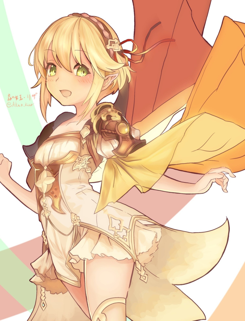 akao_kito, blonde_hair, commentary_request, derivative_work, elf, fairy, green_eyes, hair_ornament, hairband, highres, liza_(shadowverse), open_mouth, pointy_ears, shadowverse, short_hair, smile, thigh-highs