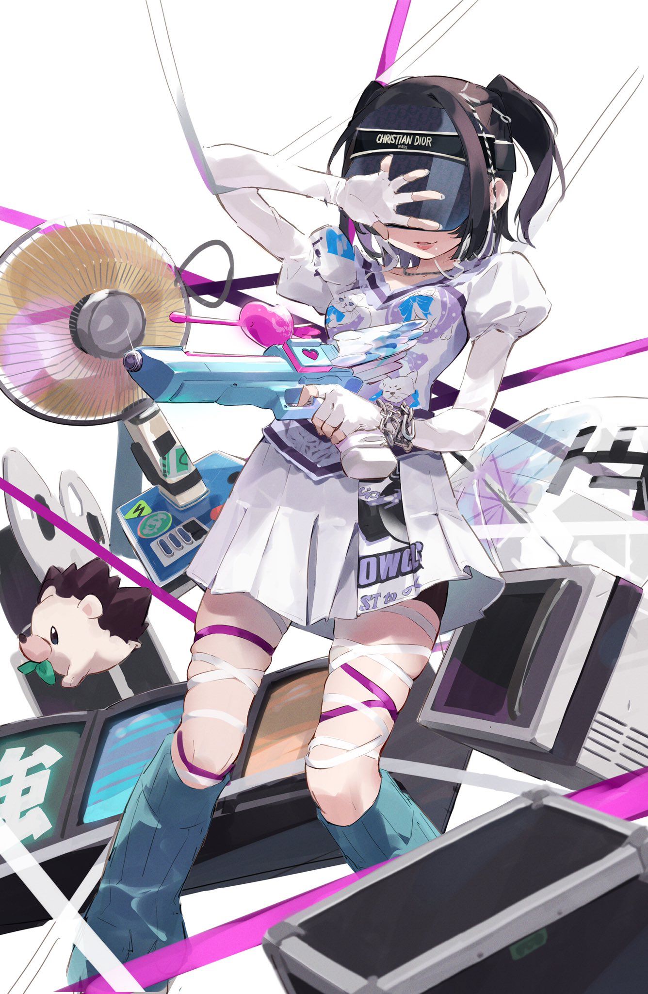 1girl, aca-ne_(zutomayo), aqua_socks, black_hair, black_shorts, chain, closed_mouth, collarbone