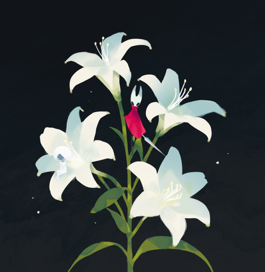 2girls, arthropod_girl, black_background, black_eyes, black_skin, cloak, colored_skin, flower