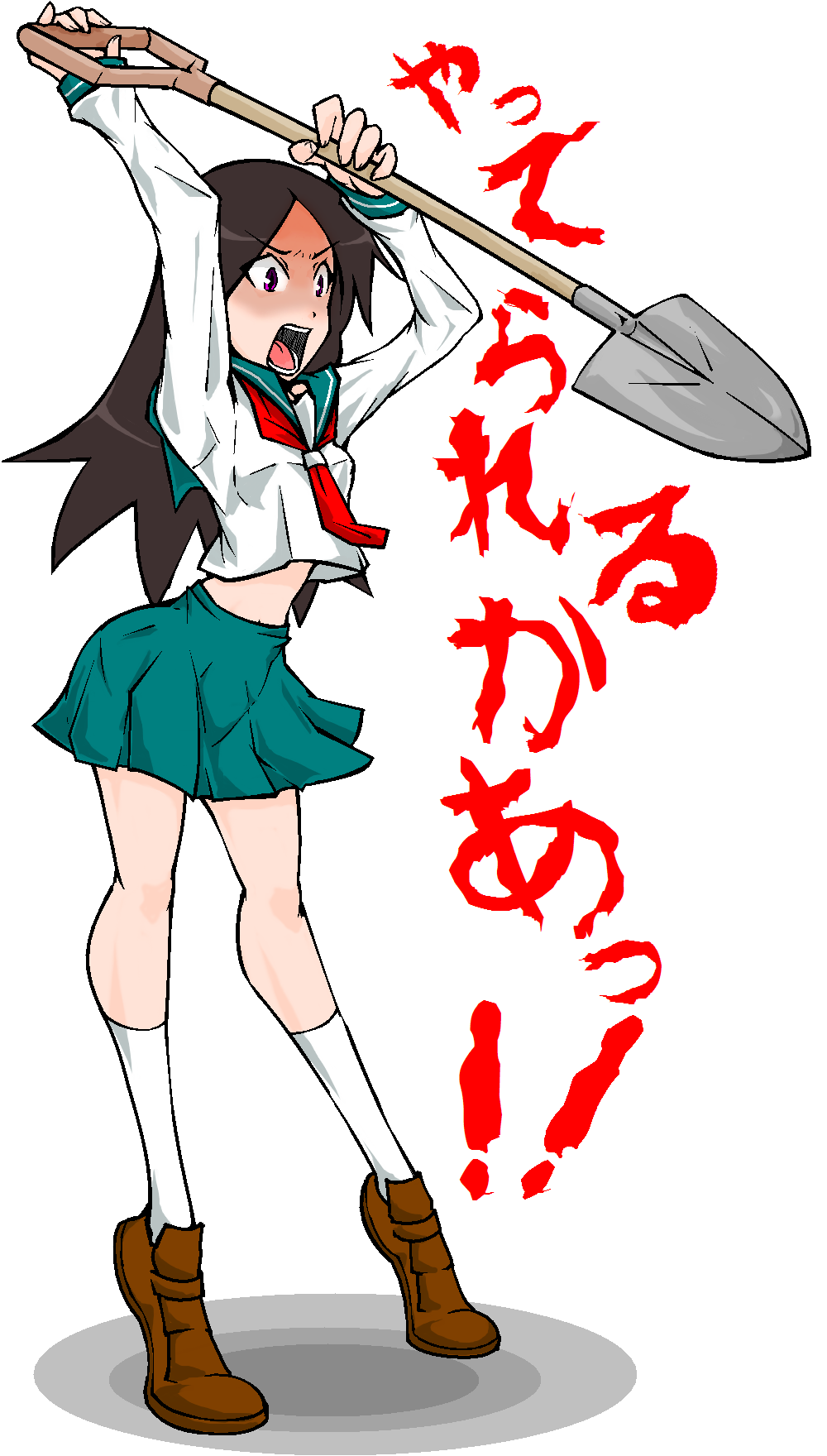 crazy, crazy_eyes, footwear, highres, impossible_clothes, impossible_clothing, kitsu_chiri, legs, long_hair, oga_(o-g-a), open_mouth, overhead_swing, purple_eyes, sayonara_zetsubou_sensei, school_uniform, screaming, serafuku, shaded_face, shovel, simple_background, skirt, socks, solo, swinging, text, tiptoes, translation_request, violet_eyes, weapon, worktool