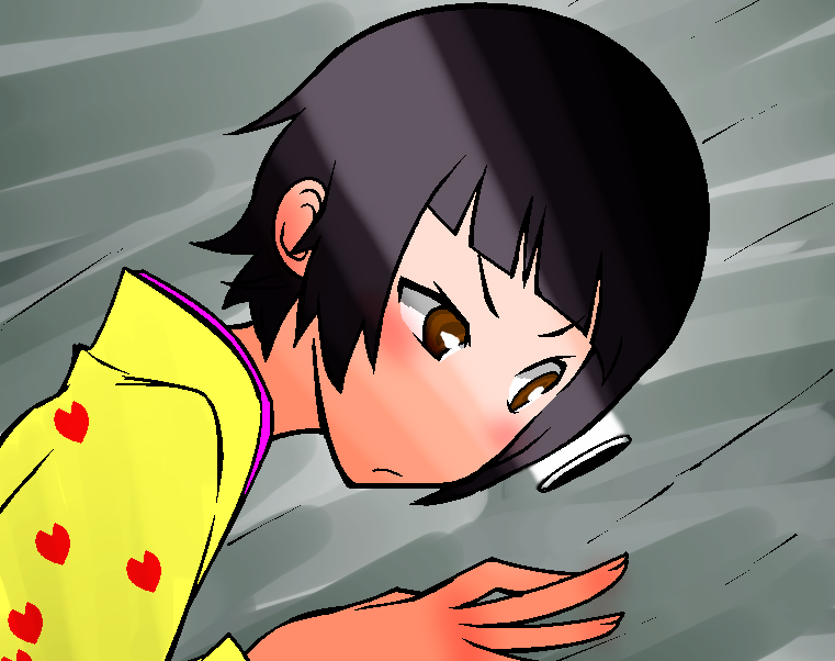 blunt_bangs, bob_cut, brown_eyes, dutch_angle, hole, japanese_clothes, kimono, oga_(o-g-a)