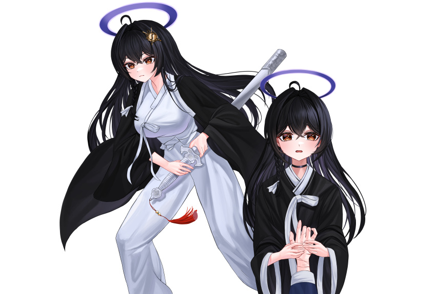 1girl, 1other, absurdres, age_comparison, ahoge, black_hair, black_haori, borrowed_character