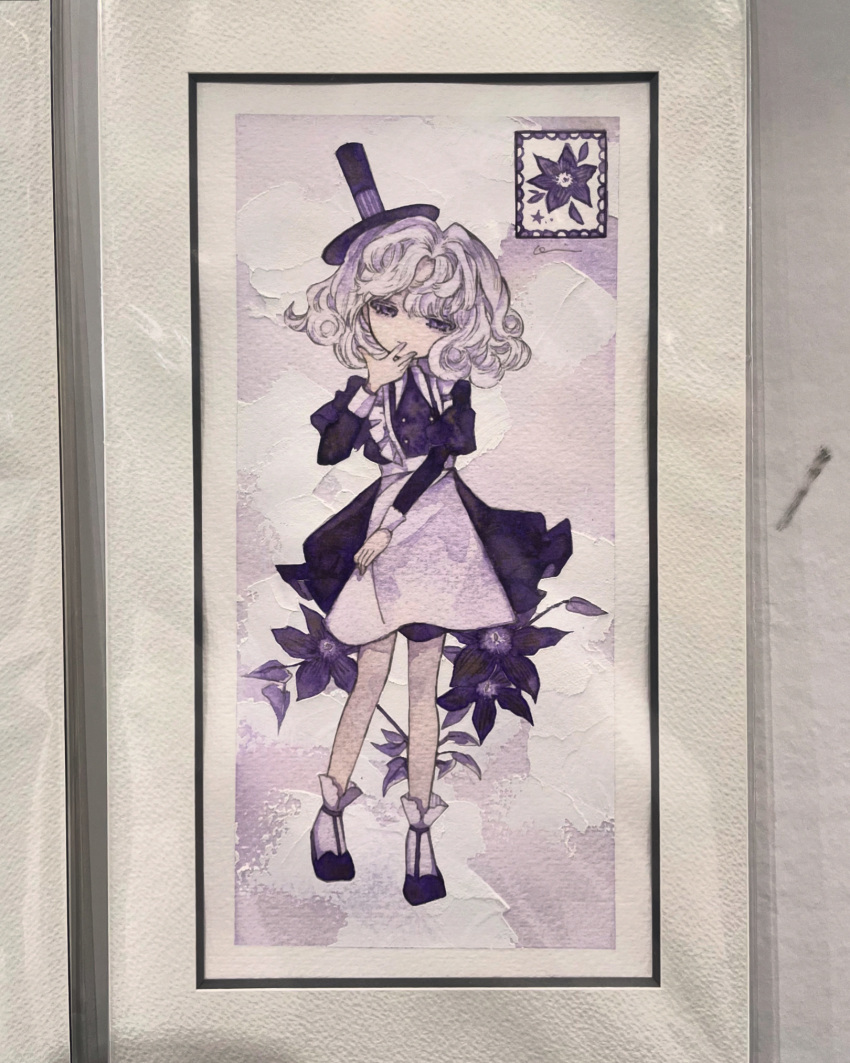 1girl, acrylic_paint_(medium), apron, border, bow, clematis_(flower), closed_mouth, collared_dress