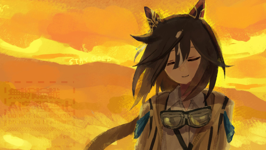 1girl, animal_ears, brown_hair, brown_jacket, closed_eyes, collared_shirt, commentary, floating_hair