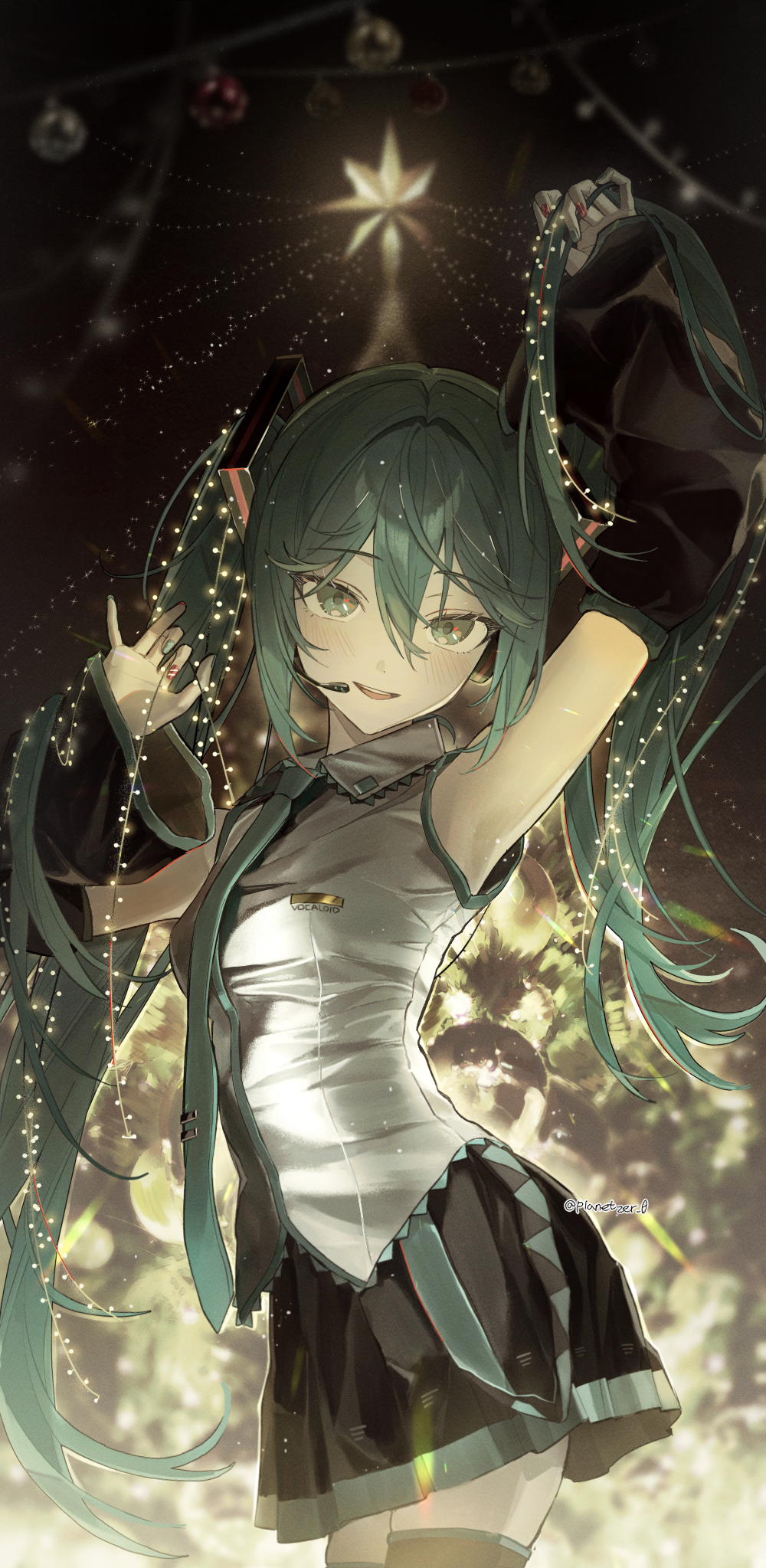 1girl, :d, aqua_eyes, aqua_hair, aqua_necktie, black_skirt, blurry, blurry_background