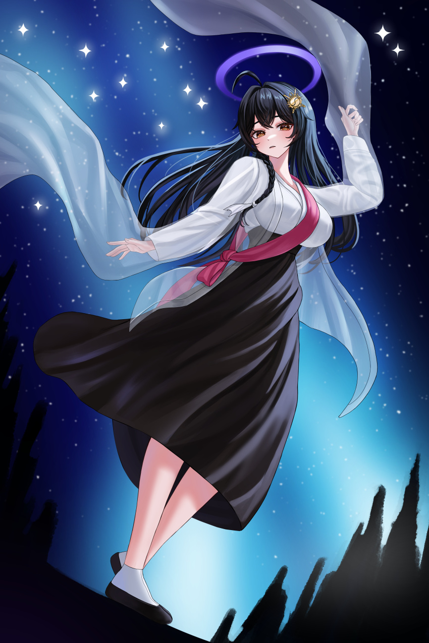 1girl, absurdres, ahoge, ankle_socks, black_shoes, black_skirt, borrowed_character, braid
