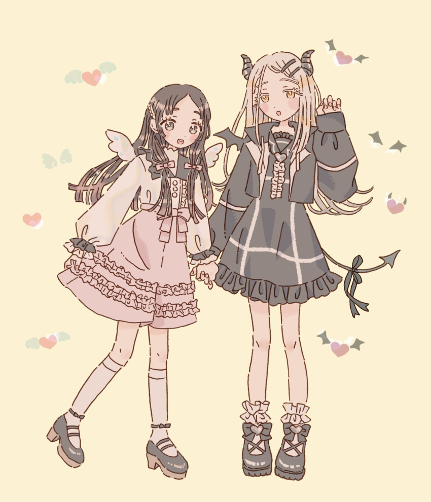 2girls, angel_wings, black_bow, black_dress, black_horns, black_jacket, black_ribbon, black_shoes