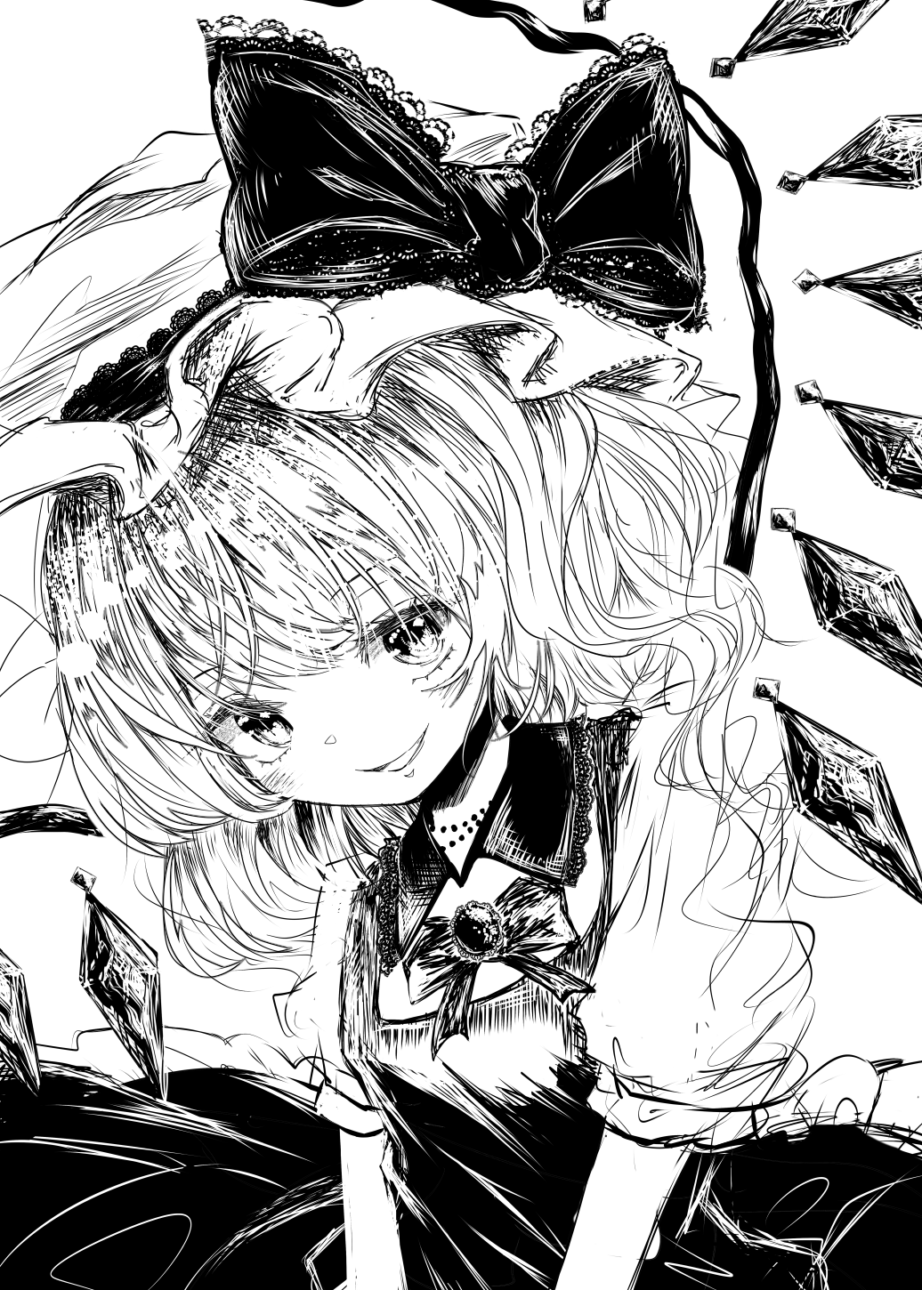 1girl, collared_shirt, commentary, crystal, crystal_wings, dress, flandre_scarlet, greyscale