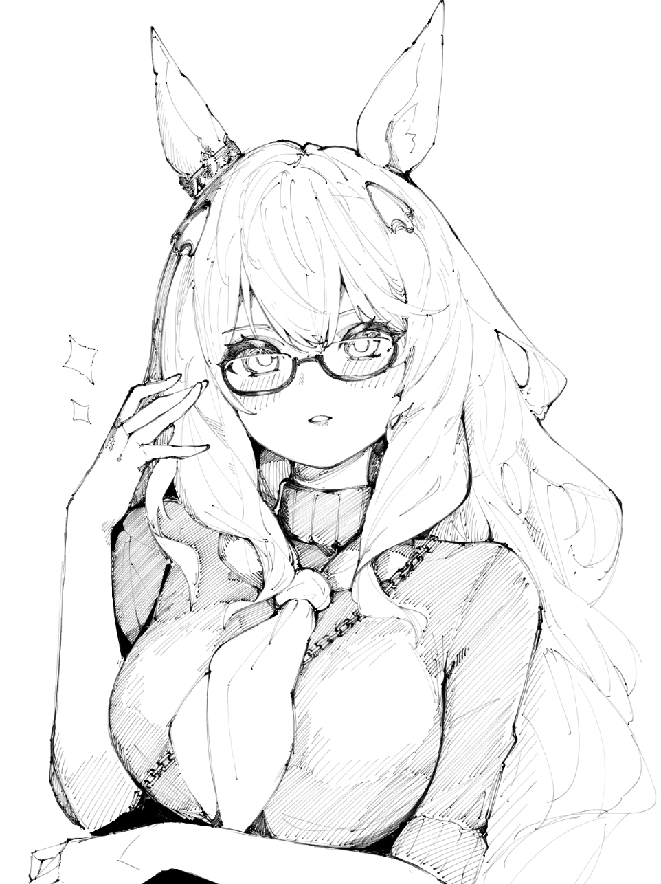 1girl, animal_ears, biwa_hayahide_(casual)_(umamusume), biwa_hayahide_(umamusume), breasts, commentary_request, glasses, greyscale