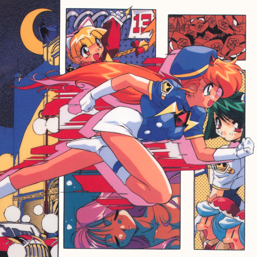 1990s_(style), 4girls, animal_ears, aqua_eyes, arm_up, blonde_hair, boots, braid